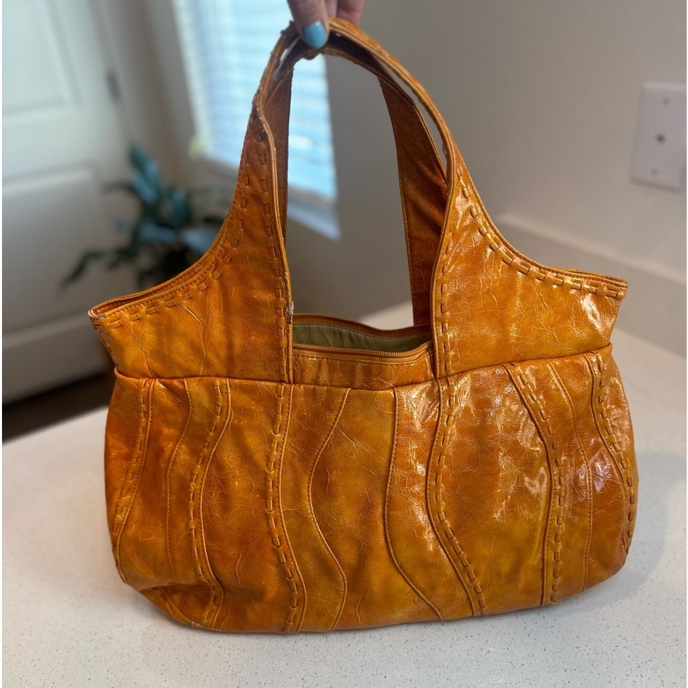 Cute Orange Faux Leather Large Wavy Boho Tote/Shoulder Bag